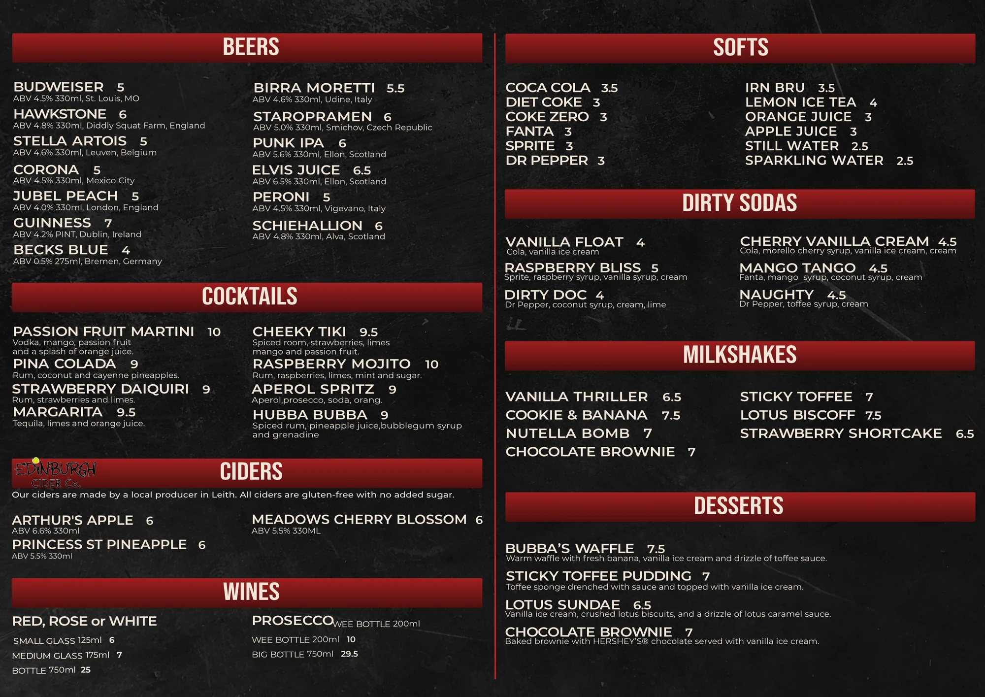Bubba Q drinks menu