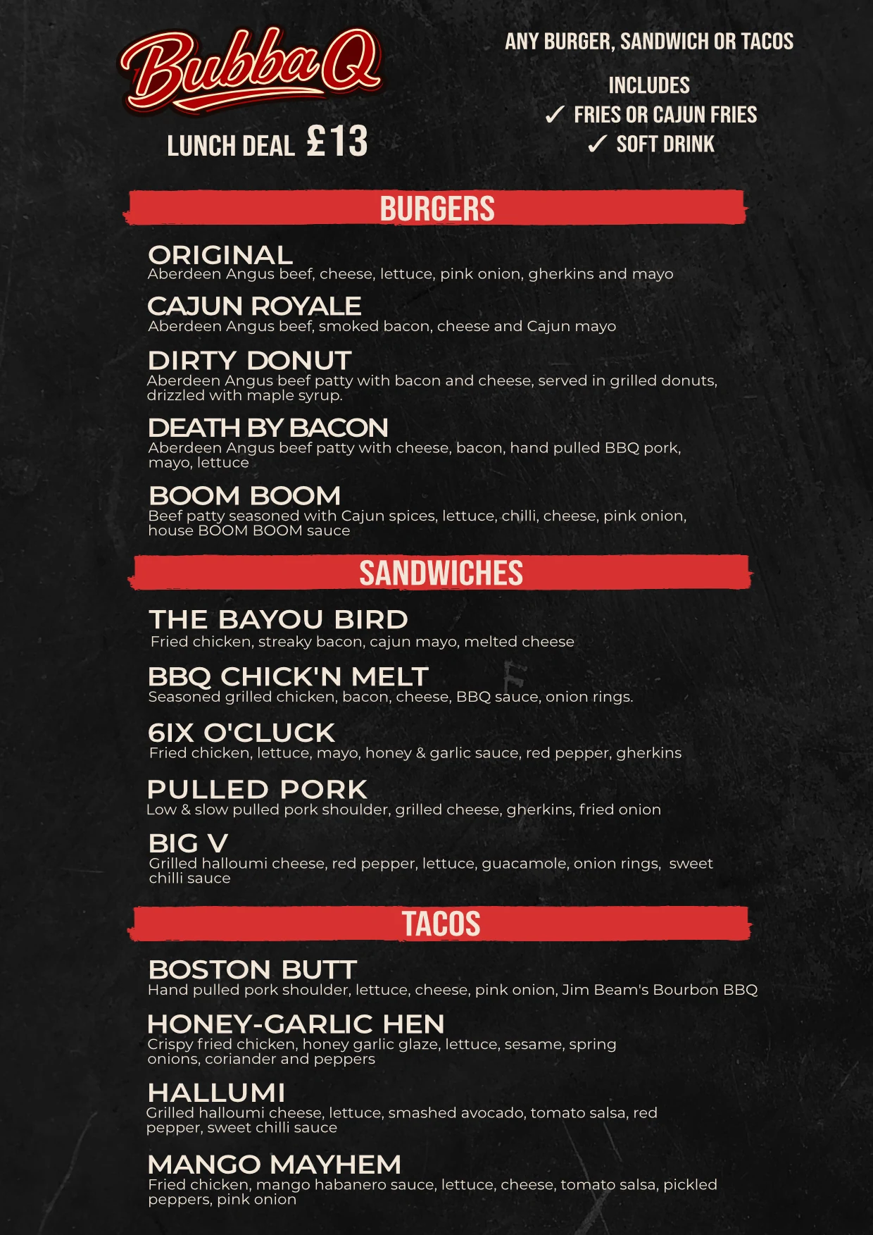 Bubba Q lunch menu